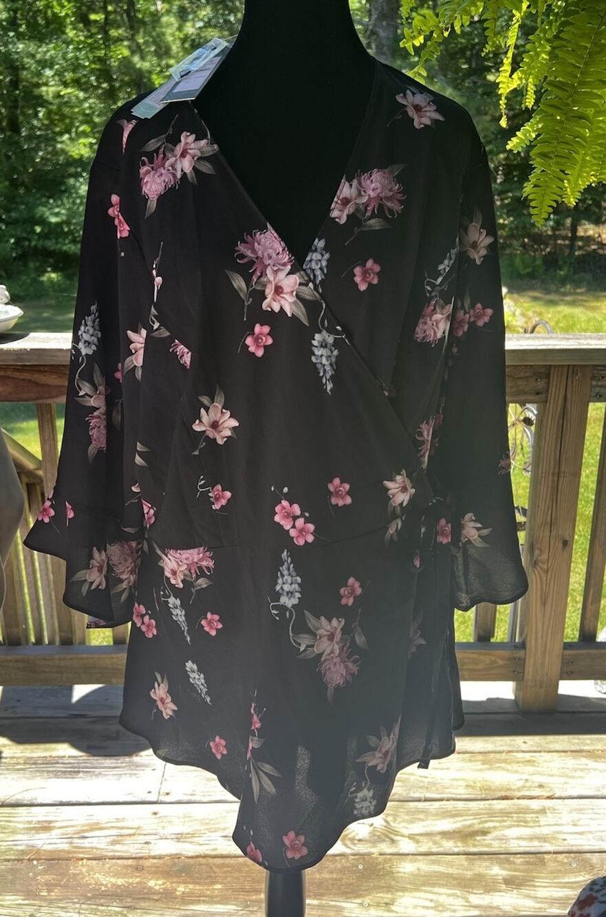 City Chic Kaley Wrap Blouse Top Bloom 20W Black Pink Floral NWT Plus PolyChiffon